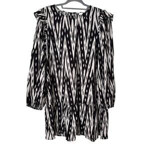 Womens Medium Mini Dress Black White Ikat Tiered Relaxed Fit Minimalist Career